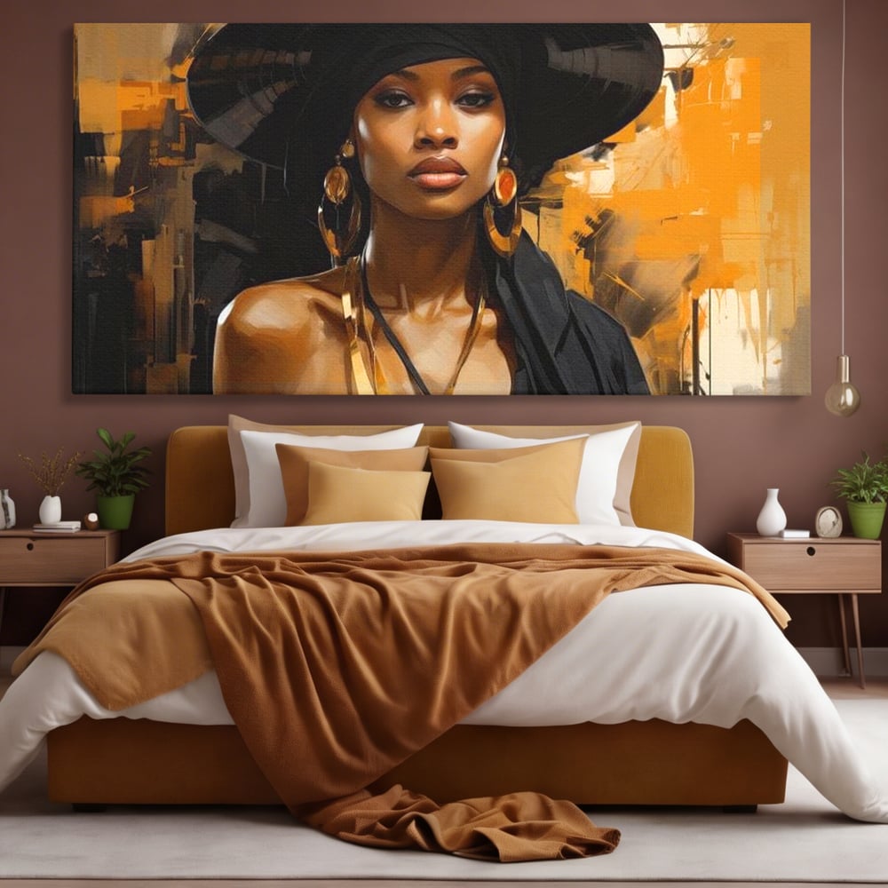 Tablou canvas cu tablou canvas cu femeie in palarie neagra, fara rama, pe sasiu de lemn, pe perete intr-un dormitor